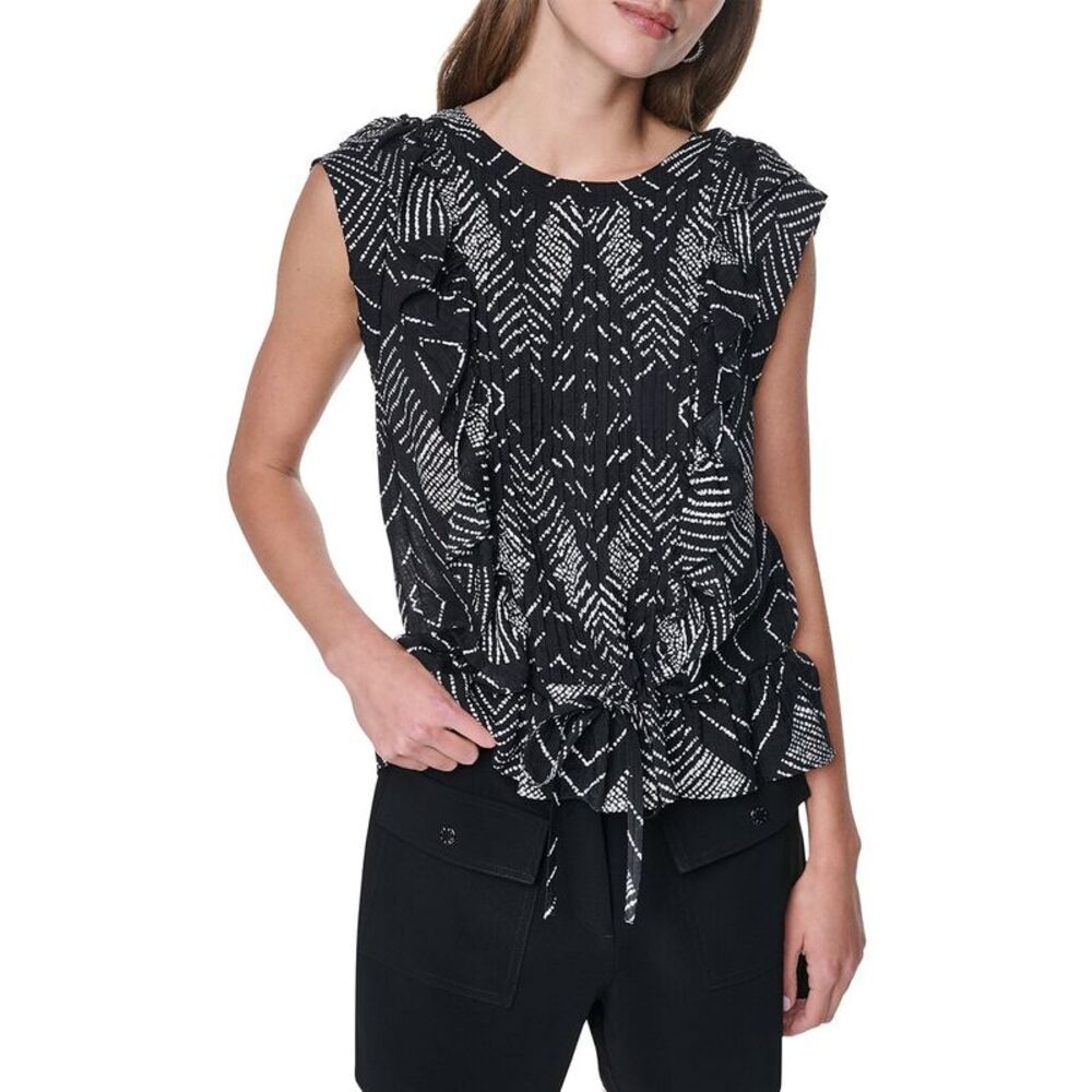Dkny Womens  Printed Flange Sleeve Top, Black